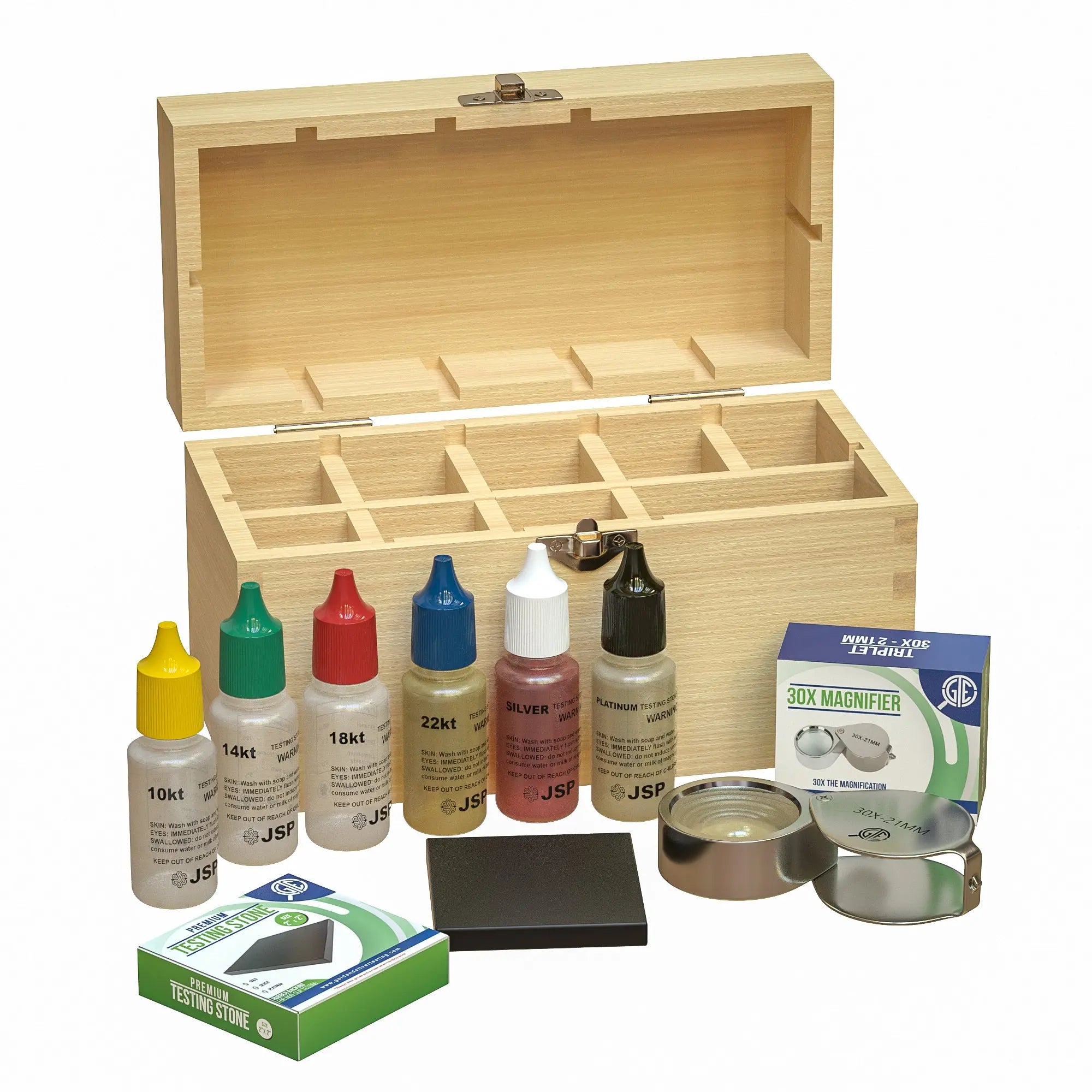 Professional Gold, Silver, Platinum Jewelry Testing Kit with Stone Instructions and Box with 30X Eye Loupe Magnifier Precious Metals 10K-24K