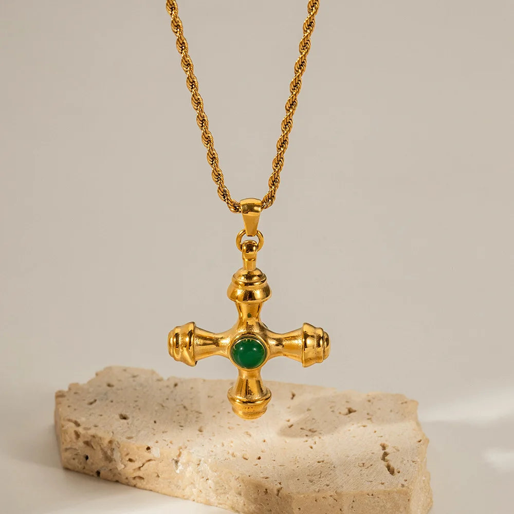 18K Gold Stainless Steel Cross Necklace tiger Eye Pendant Bamboo Chain Non-fading Jewelry Wholesale Women Fury Fits
