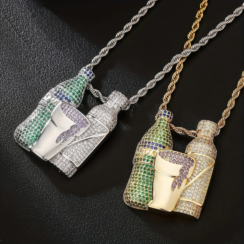 Hip Hop Multicolor Sparkling Wine Bottle Purple Green Cup Combination Chain Men's Jewely Zirconia Wine Glasses Pendant Necklace Fury Fits