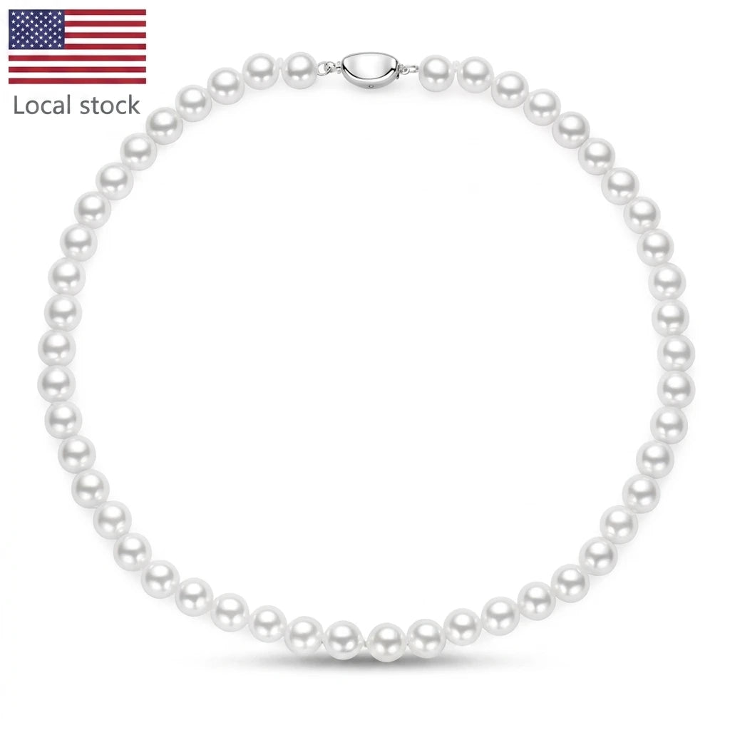 Fast Shipping From US Warehouse Bohemian Stylish 925 Silver 6mm/8mm Shell White Pearl Beads Necklace Jewelry for Women Gift Fury Fits