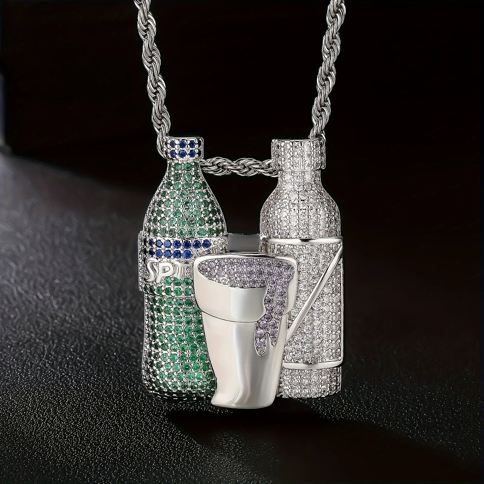 Hip Hop Multicolor Sparkling Wine Bottle Purple Green Cup Combination Chain Men's Jewely Zirconia Wine Glasses Pendant Necklace Fury Fits