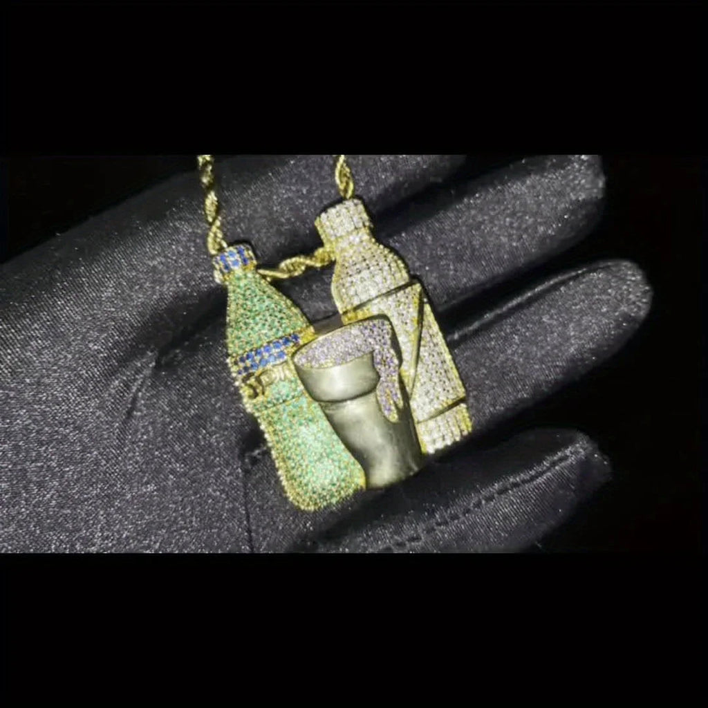Hip Hop Multicolor Sparkling Wine Bottle Purple Green Cup Combination Chain Men's Jewely Zirconia Wine Glasses Pendant Necklace Fury Fits