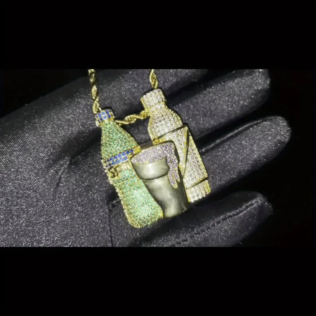 Hip Hop Multicolor Sparkling Wine Bottle Purple Green Cup Combination Chain Men's Jewely Zirconia Wine Glasses Pendant Necklace Fury Fits