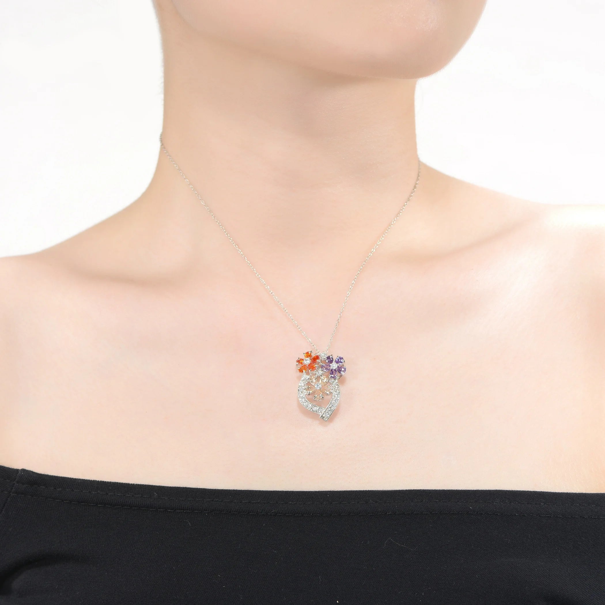 TD Collette Z Necklace Sterling Silver with Rhodium Plating Multi-Color Pear & Clear Cubic Zirconia Flower Drop Pattern Fury Fits