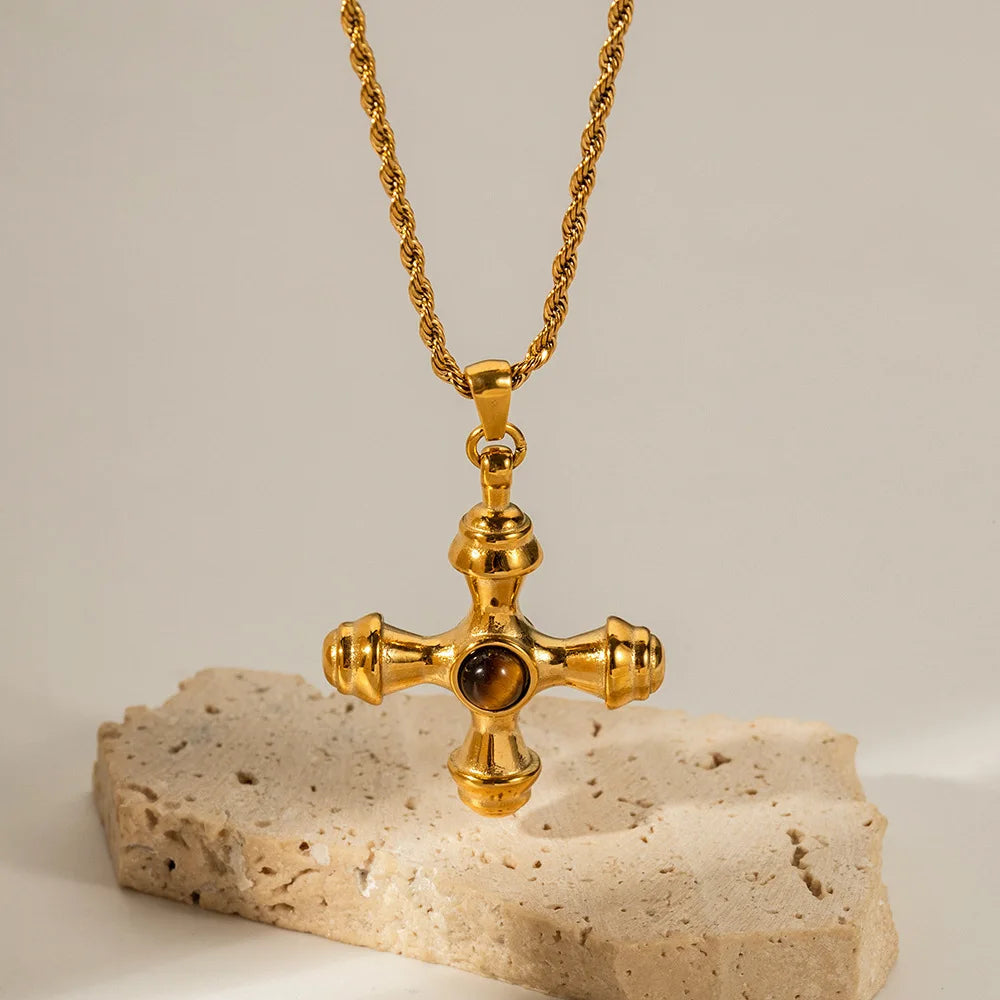 18K Gold Stainless Steel Cross Necklace tiger Eye Pendant Bamboo Chain Non-fading Jewelry Wholesale Women Fury Fits