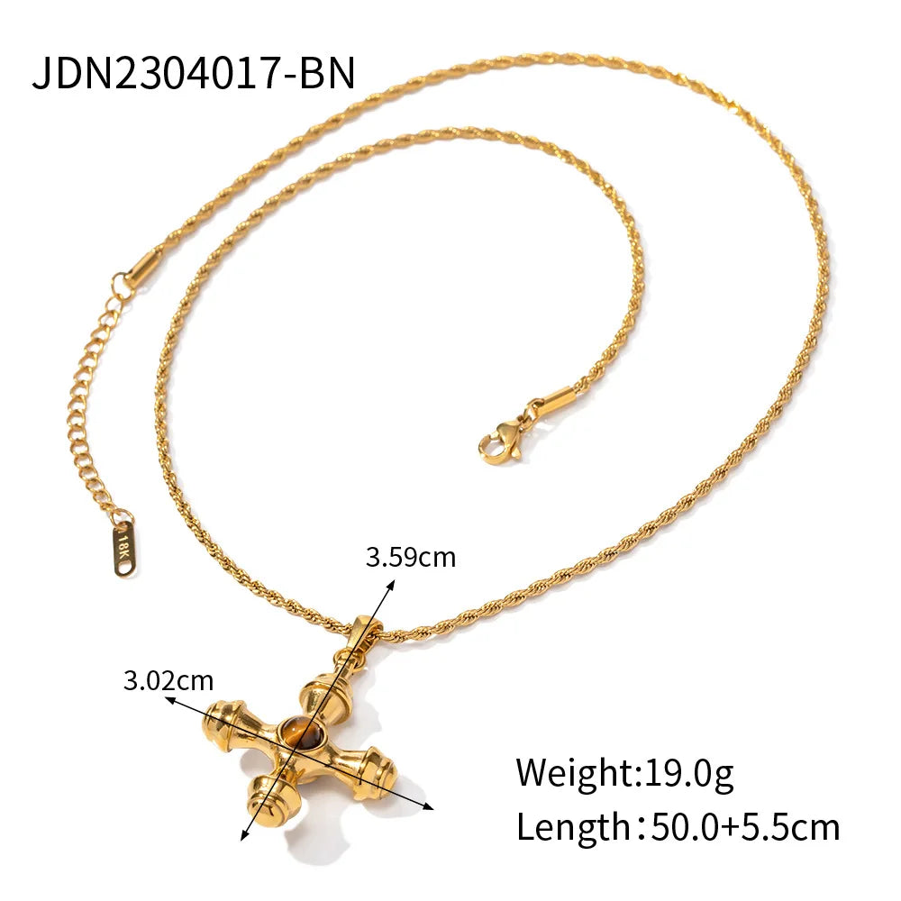 18K Gold Stainless Steel Cross Necklace tiger Eye Pendant Bamboo Chain Non-fading Jewelry Wholesale Women Fury Fits