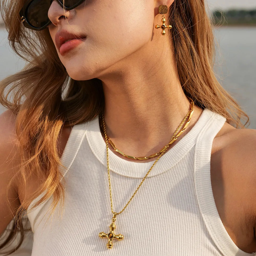 18K Gold Stainless Steel Cross Necklace tiger Eye Pendant Bamboo Chain Non-fading Jewelry Wholesale Women Fury Fits