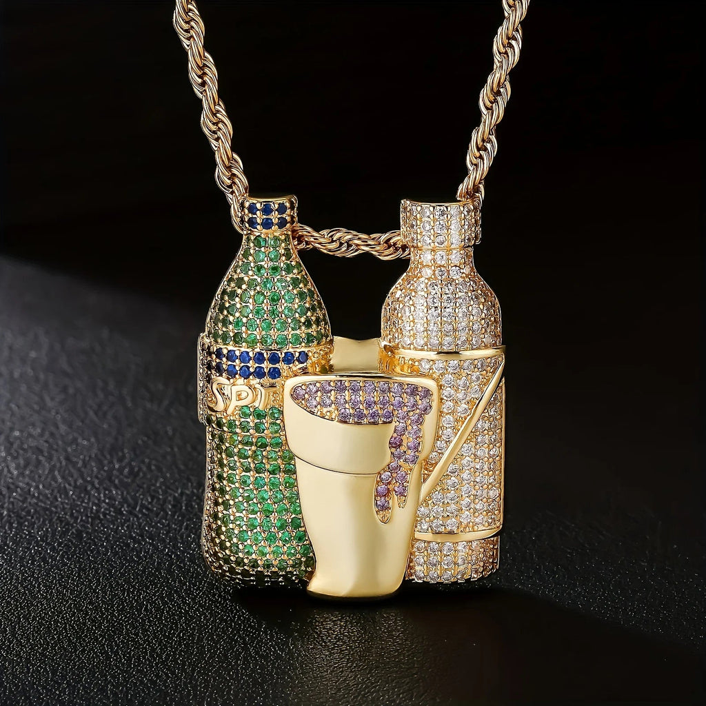 Hip Hop Multicolor Sparkling Wine Bottle Purple Green Cup Combination Chain Men's Jewely Zirconia Wine Glasses Pendant Necklace Fury Fits
