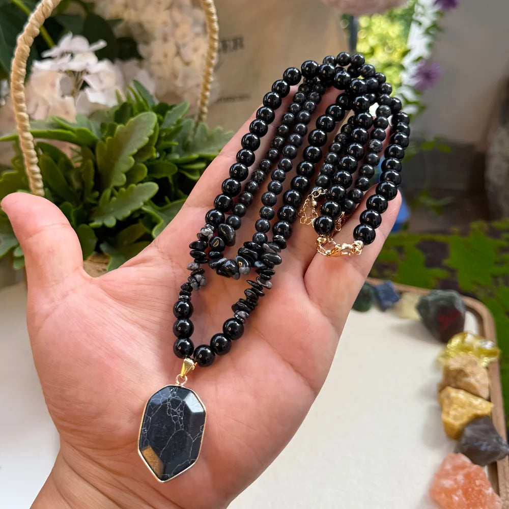 2pcs/Guardian Necklace Obsidian and Black Onyx Beaded Pendant Necklace for Men and Women Protection and Grounding Jewelry Fury Fits