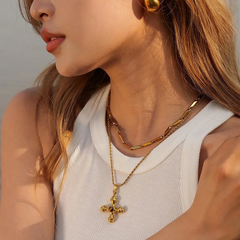 18K Gold Stainless Steel Cross Necklace tiger Eye Pendant Bamboo Chain Non-fading Jewelry Wholesale Women Fury Fits