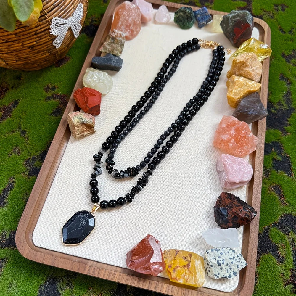 2pcs/Guardian Necklace Obsidian and Black Onyx Beaded Pendant Necklace for Men and Women Protection and Grounding Jewelry Fury Fits