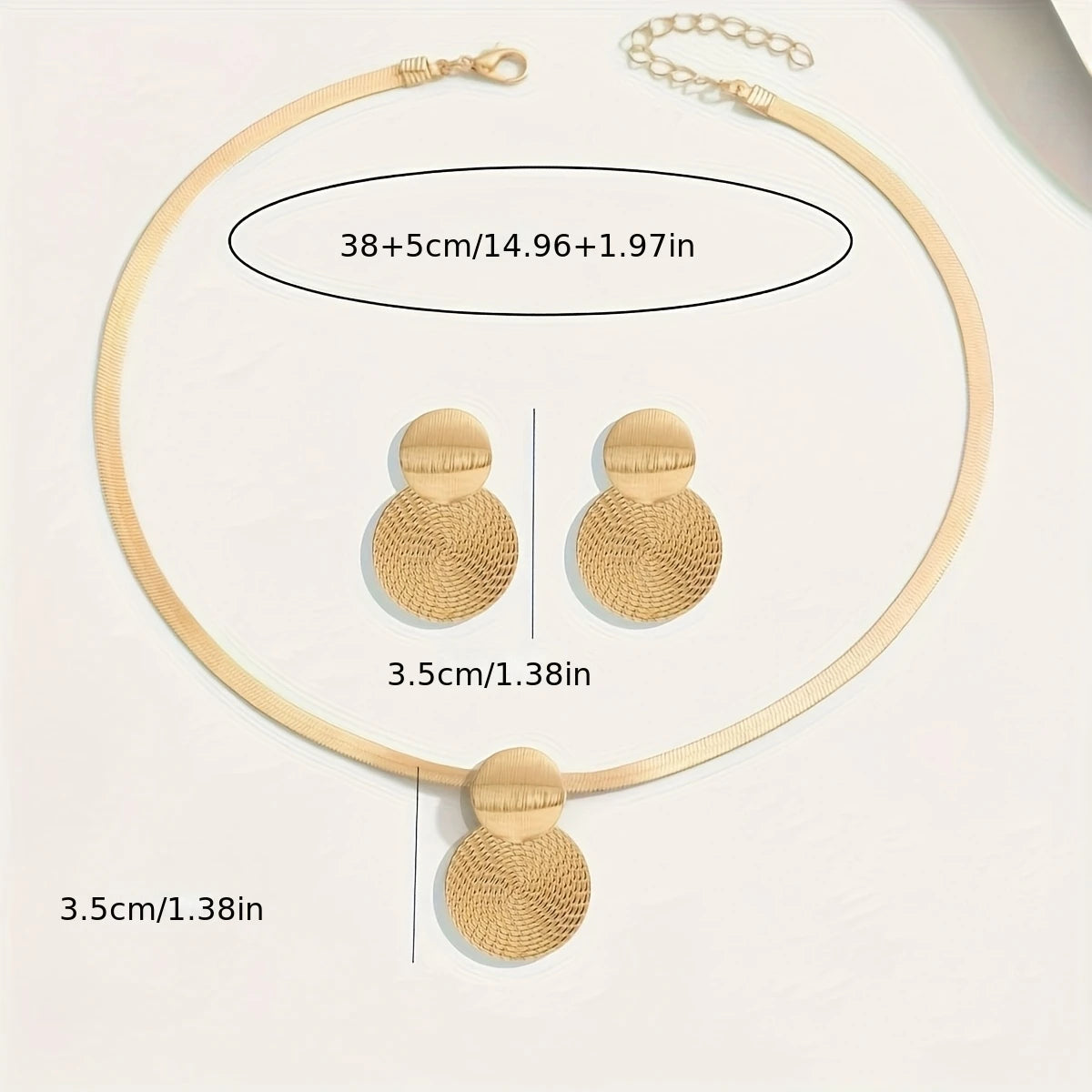 2pcs New Stylish Elegant Necklace and Ear Studs Women Jewelry Set Fashion Golden Flat Snake Chain Geometric Spiral Circular Fury Fits