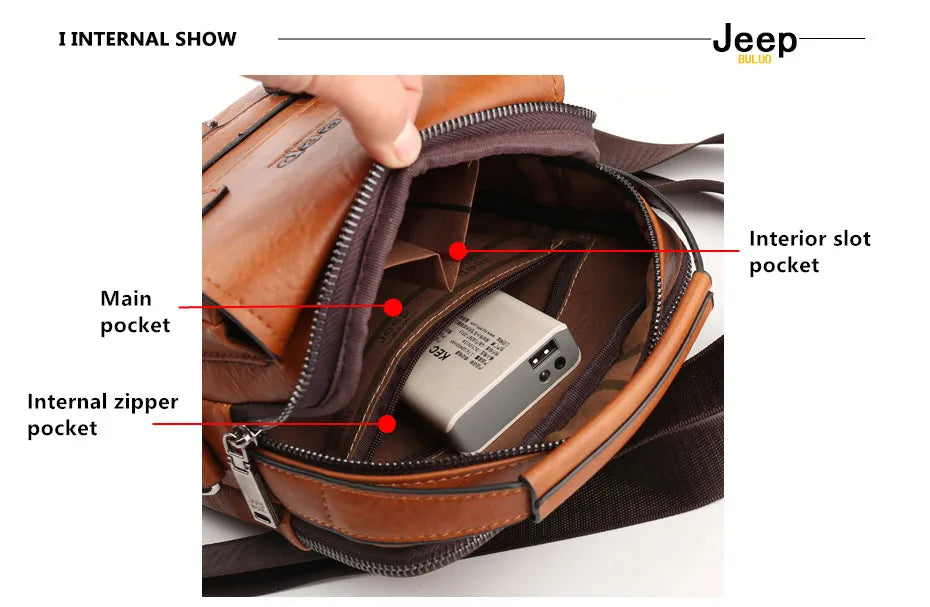JEEP BULUO Multi-function Business Handbags Men New Man's Shoulder Bag Large Capacity Leather Messenger Bag Crossbody Big Brand Fury Fits