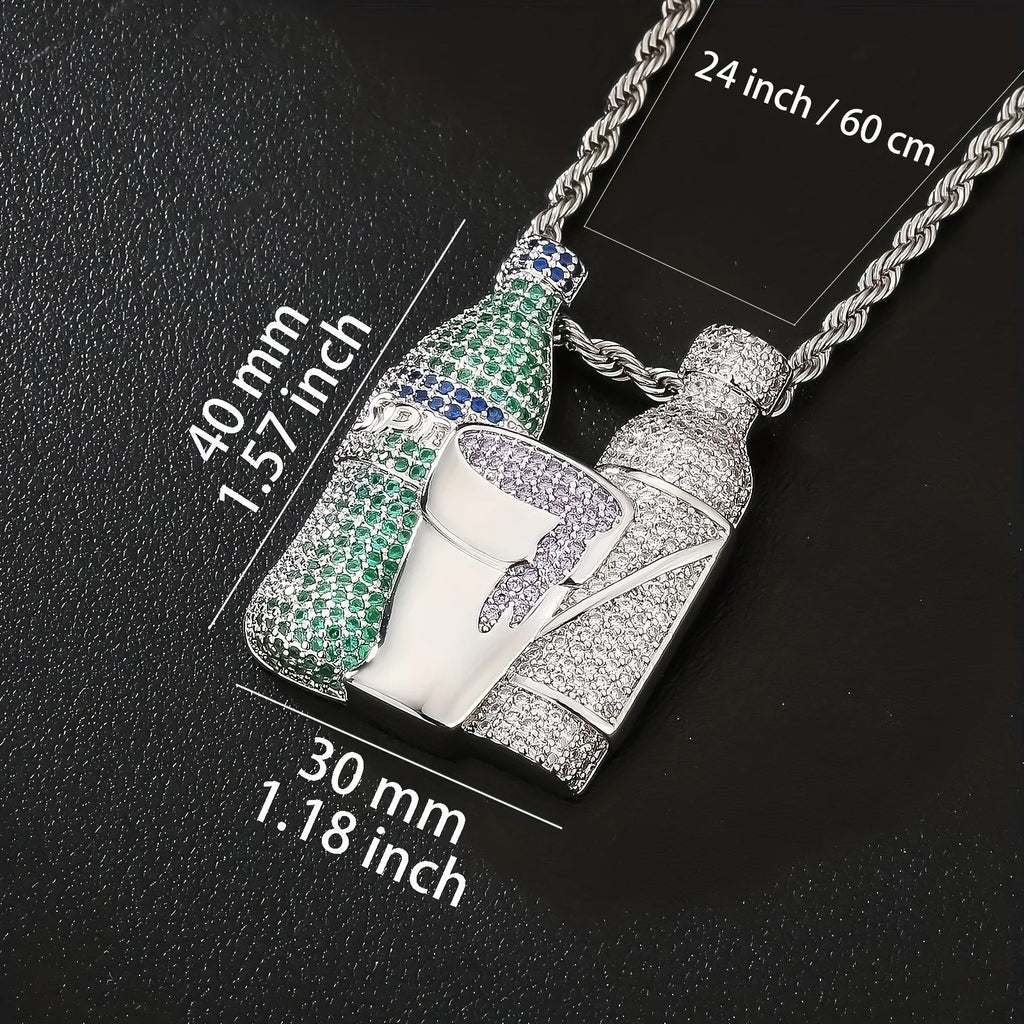 Hip Hop Multicolor Sparkling Wine Bottle Purple Green Cup Combination Chain Men's Jewely Zirconia Wine Glasses Pendant Necklace Fury Fits