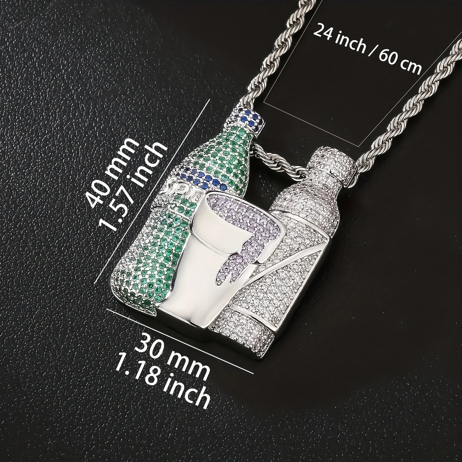 Hip Hop Multicolor Sparkling Wine Bottle Purple Green Cup Combination Chain Men's Jewely Zirconia Wine Glasses Pendant Necklace Fury Fits