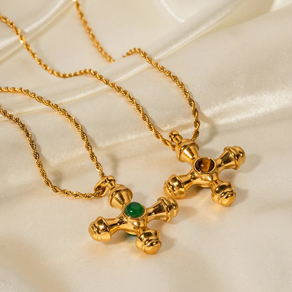 18K Gold Stainless Steel Cross Necklace tiger Eye Pendant Bamboo Chain Non-fading Jewelry Wholesale Women Fury Fits