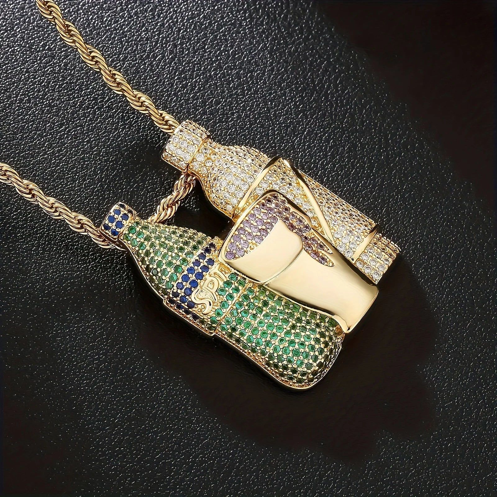 Hip Hop Multicolor Sparkling Wine Bottle Purple Green Cup Combination Chain Men's Jewely Zirconia Wine Glasses Pendant Necklace Fury Fits