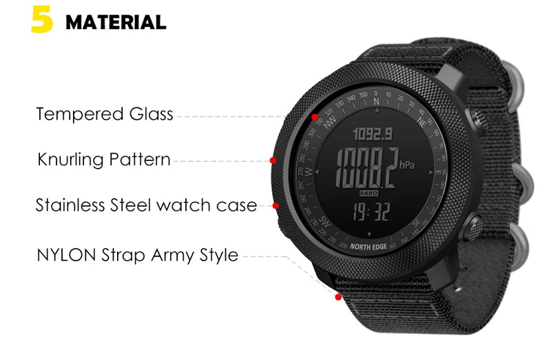 NORTH EDGE Men's sport Digital watch Hours Running Swimming Military Army watches Altimeter Barometer Compass waterproof 50m Fury Fits