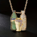 Hip Hop Multicolor Sparkling Wine Bottle Purple Green Cup Combination Chain Men's Jewely Zirconia Wine Glasses Pendant Necklace Fury Fits