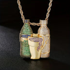 Hip Hop Multicolor Sparkling Wine Bottle Purple Green Cup Combination Chain Men's Jewely Zirconia Wine Glasses Pendant Necklace Fury Fits