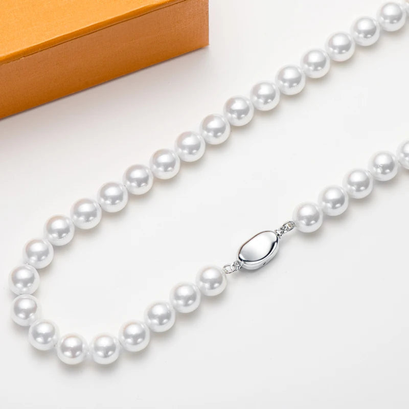 Fast Shipping From US Warehouse Bohemian Stylish 925 Silver 6mm/8mm Shell White Pearl Beads Necklace Jewelry for Women Gift Fury Fits