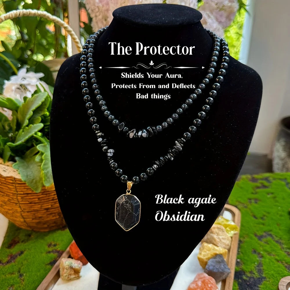 2pcs/Guardian Necklace Obsidian and Black Onyx Beaded Pendant Necklace for Men and Women Protection and Grounding Jewelry Fury Fits