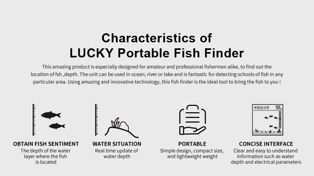 FFC1108-1 Alarm 100M Portable Sonar Fish Finders 45 degrees Sonar Coverage Echo Sounder Alarm Transducer Lake Sea Fishing Fury Fits