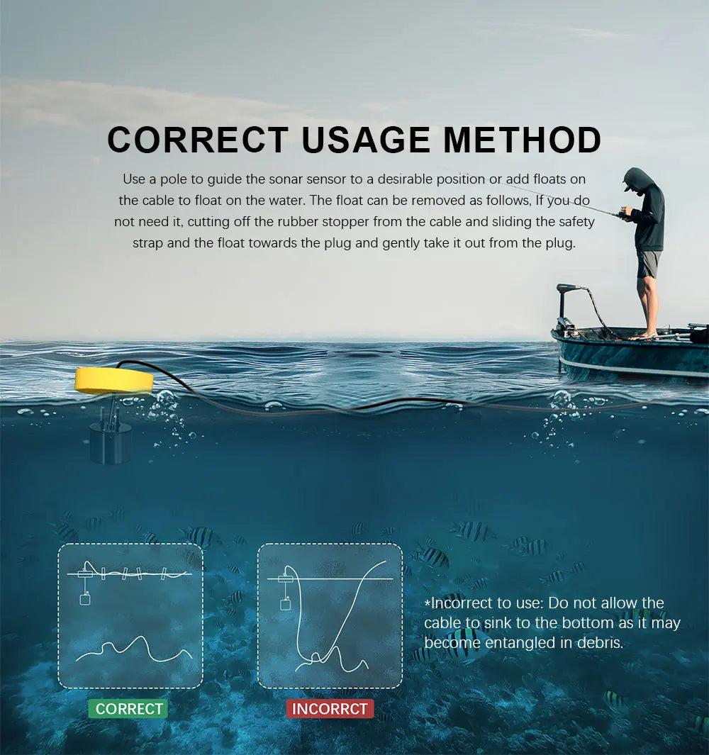 FFC1108-1 Alarm 100M Portable Sonar Fish Finders 45 degrees Sonar Coverage Echo Sounder Alarm Transducer Lake Sea Fishing Fury Fits