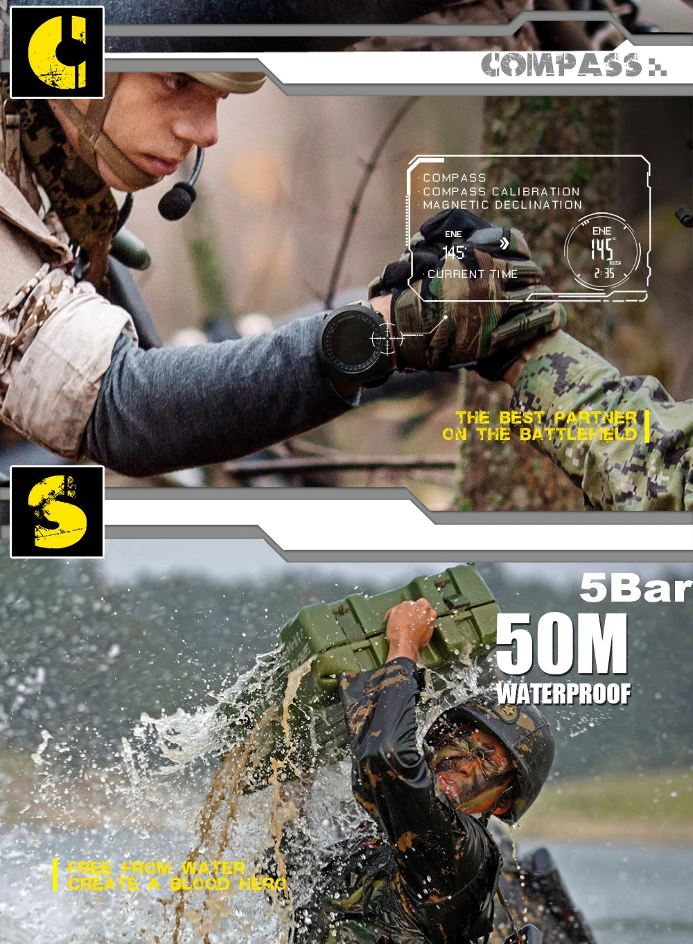 NORTH EDGE Men's sport Digital watch Hours Running Swimming Military Army watches Altimeter Barometer Compass waterproof 50m Fury Fits