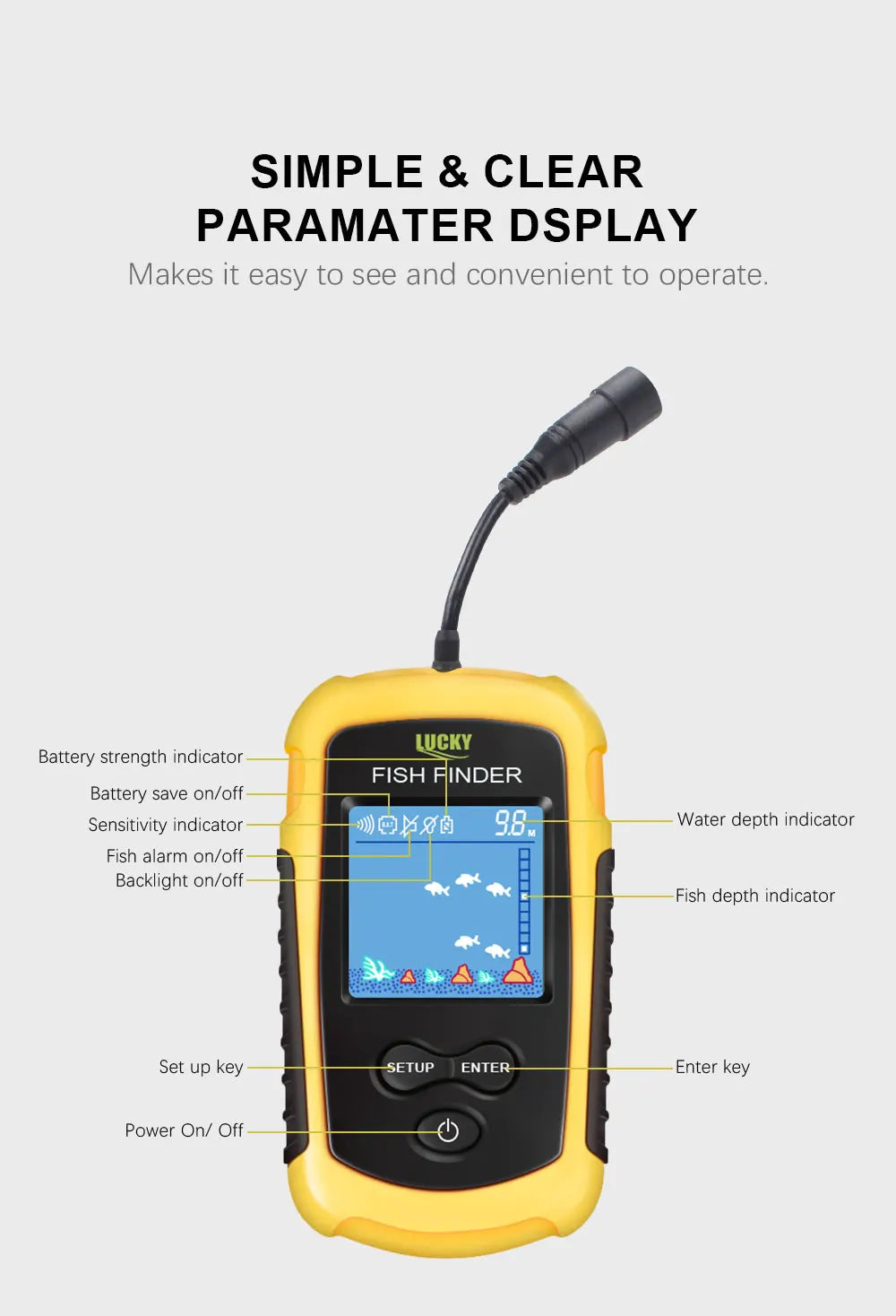 FFC1108-1 Alarm 100M Portable Sonar Fish Finders 45 degrees Sonar Coverage Echo Sounder Alarm Transducer Lake Sea Fishing Fury Fits