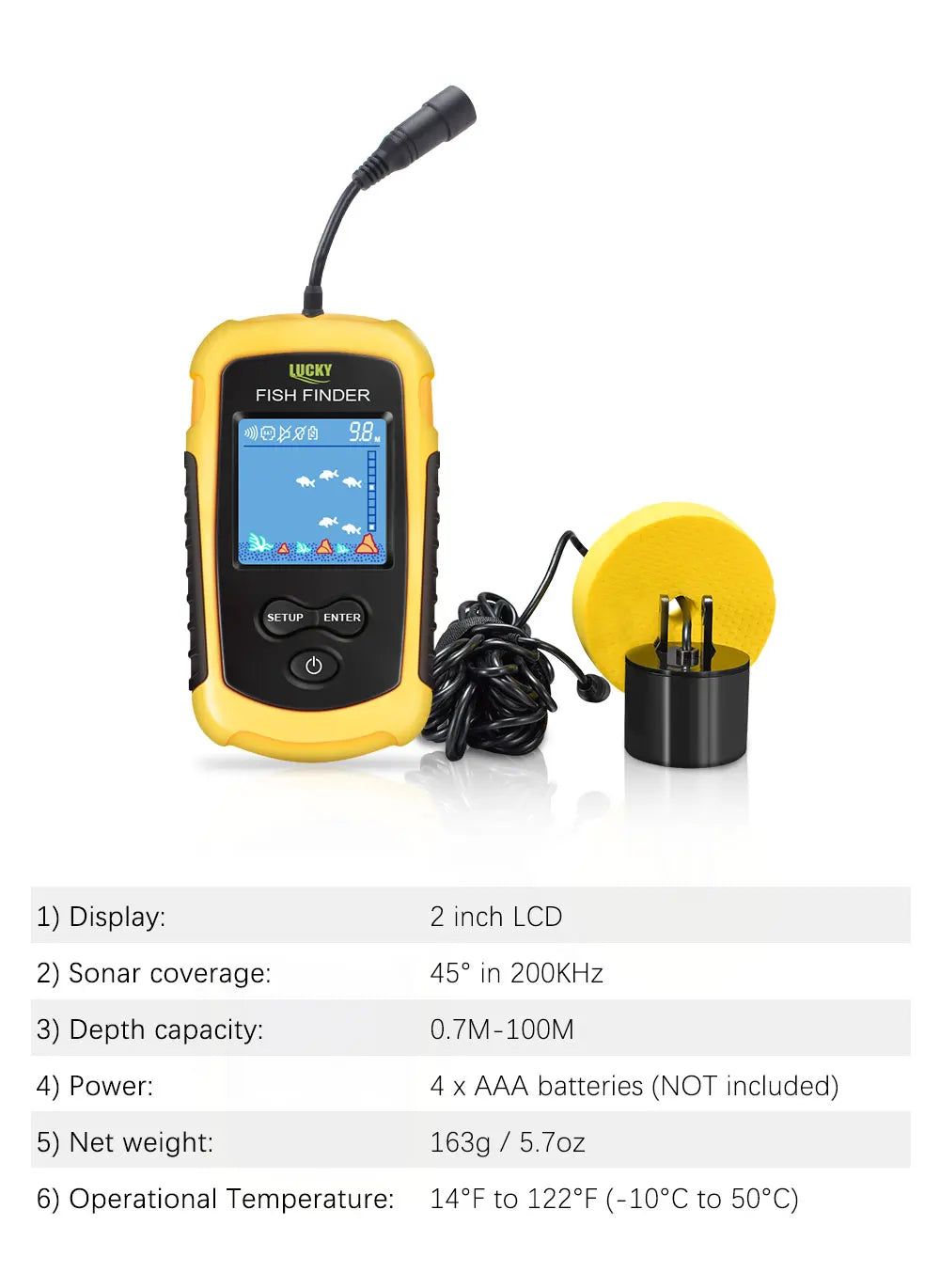 FFC1108-1 Alarm 100M Portable Sonar Fish Finders 45 degrees Sonar Coverage Echo Sounder Alarm Transducer Lake Sea Fishing Fury Fits